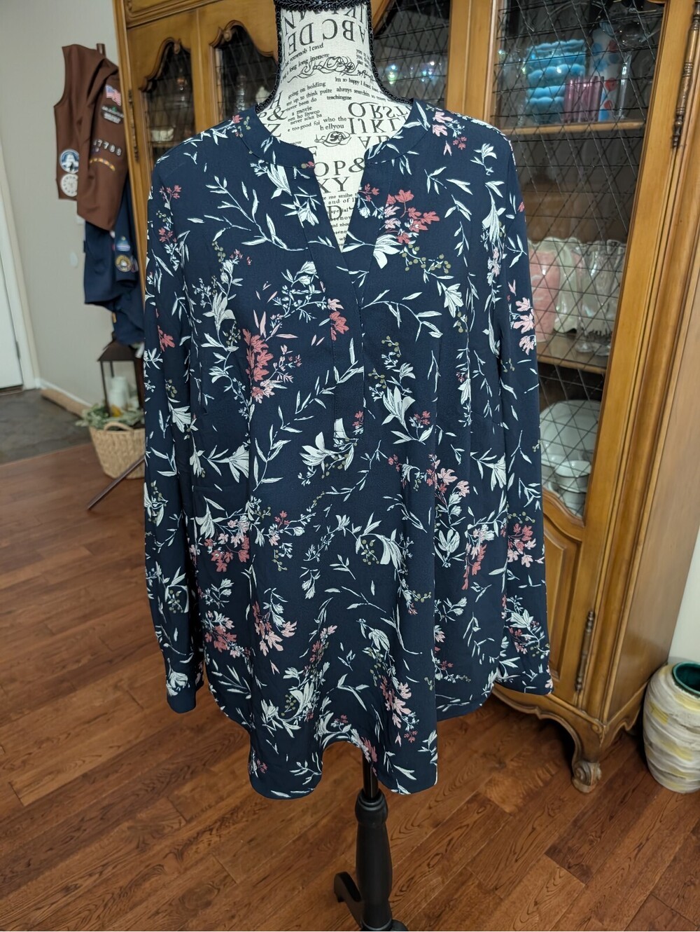 Hilary Radley Polyester Long Sleeve Top/Tunic Navy Floral Size XXL